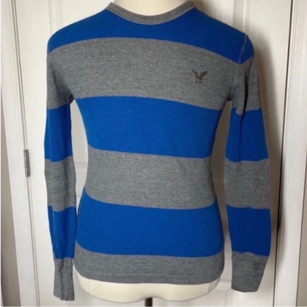 American Eagle Shirt Thermal Striped Sweater Gray Blue Long Sleeve Stripes Knit - Picture 4 of 16
